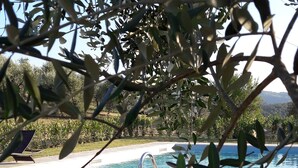 A swimming pool with clear blue water, surrounded by a stone deck and a grassy area. - Residenza D'Epoca Villa Agnolaccio (Pistoia)