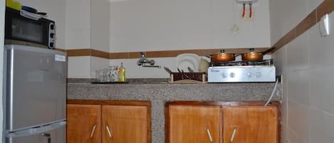 Full-size fridge, microwave, stovetop, electric kettle