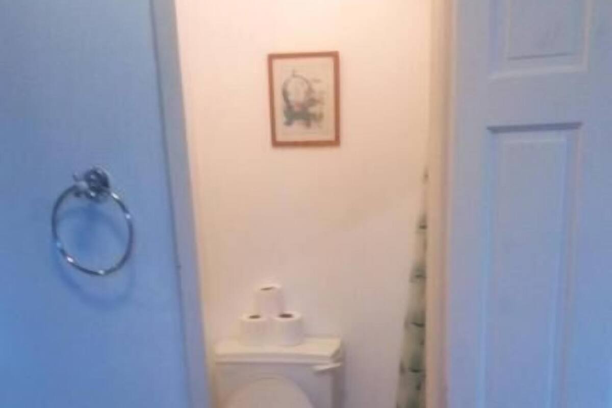 A small, narrow bathroom with a toilet, a radiator, and a sink.