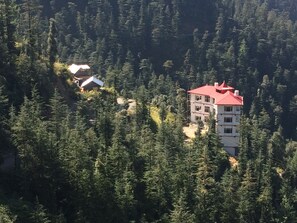 A multi-story building with a red roof nestled among dense forest. - Hassan Valley Retreat (Shimla)
