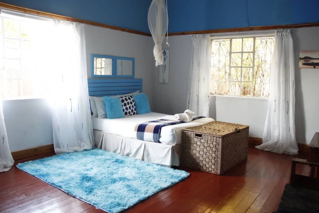 Ein Schlafzimmer mit einem Bett, einem blauen Kopfteil, einem Fenster mit weißen Vorhängen, einem Holzboden und einem blauen Teppich.