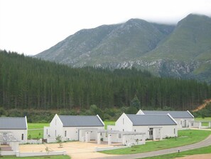 A row of white buildings with grey roofs, set against a backdrop of dense forest and mountains. - Gaikou Lodge (Swellendam)