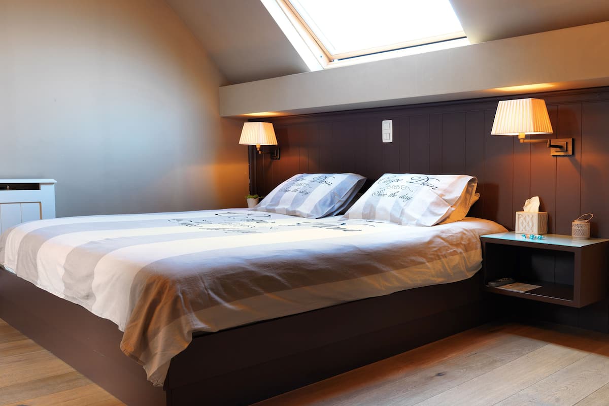 Quarto com clarabóia, cama com roupa de cama listrada, duas luminárias de cabeceira e mesa de cabeceira com caixa de lenços e uma pequena planta.