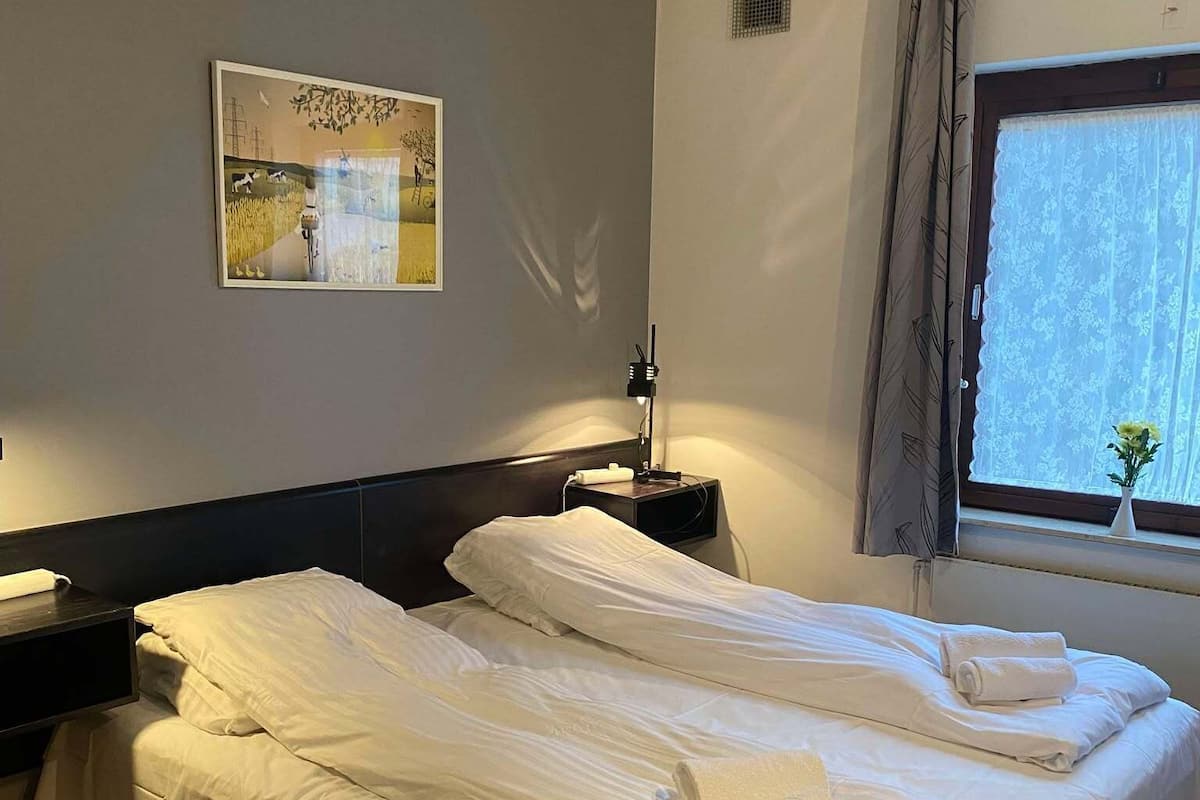 Habitación doble | Tabla de planchar con plancha y ropa de cama