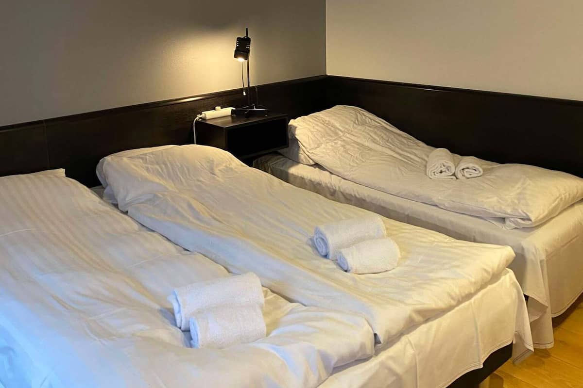 Habitación triple, varias camas | Tabla de planchar con plancha y ropa de cama