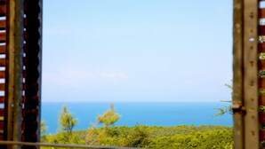A view through a window with a metal frame, overlooking a coastal landscape with trees and the sea.