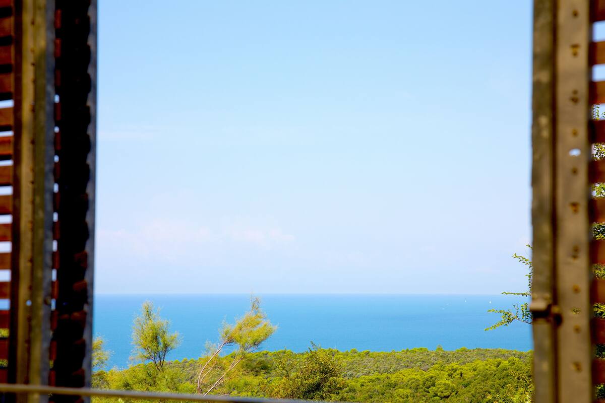 A view through a window with a metal frame, overlooking a coastal landscape with trees and the sea.