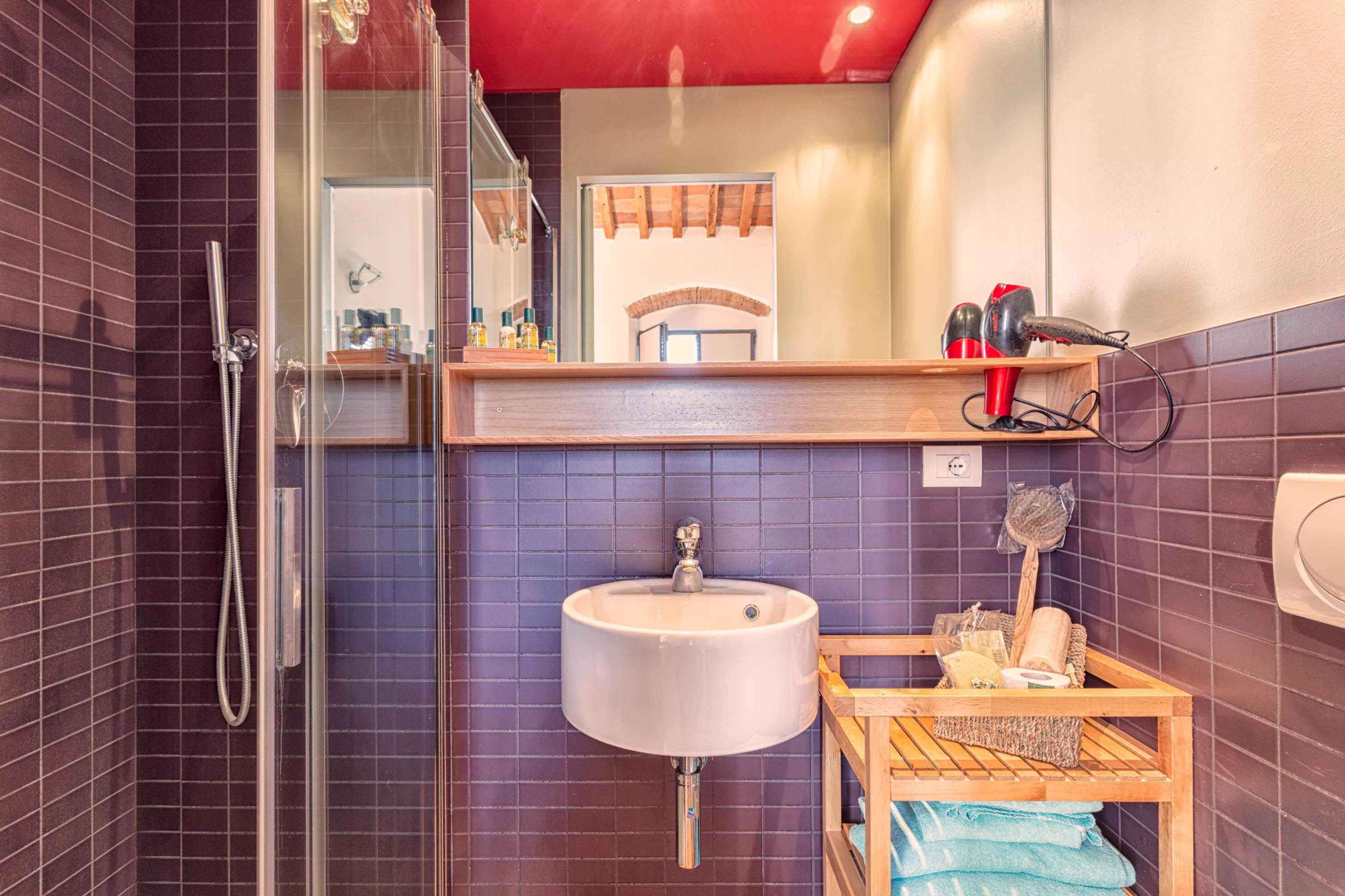 Un baño con ducha, lavamanos y espejo. Hay un estante con artículos de aseo y un perchero.