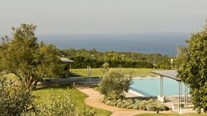 A swimming pool with a view of the sea, surrounded by greenery and a covered seating area.