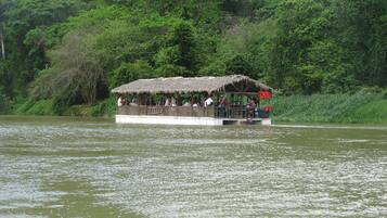 A boat with a thatched roof and wooden railings, surrounded by water and dense greenery.