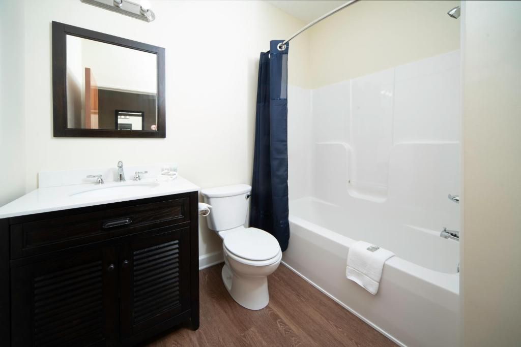 Une salle de bain avec des toilettes blanches, un meuble-lavabo de couleur foncée, un miroir et une baignoire.