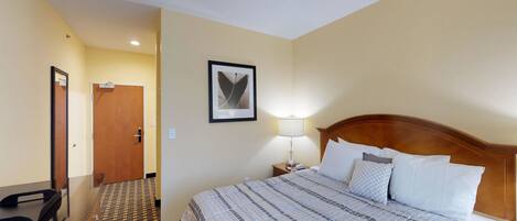 A hotel room with a bed, a bedside lamp, a framed picture on the wall, and a door.