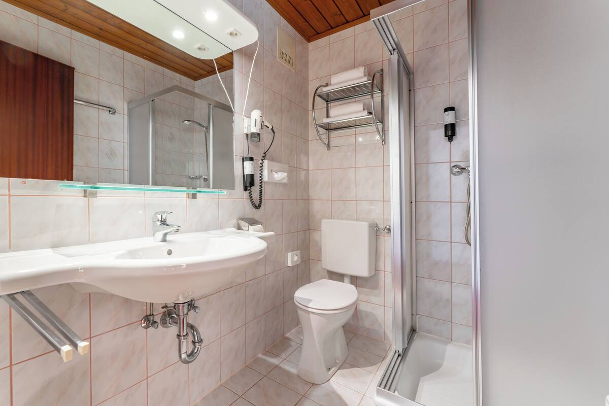 A modern bathroom with a glass shower enclosure, a white sink, and a toilet.