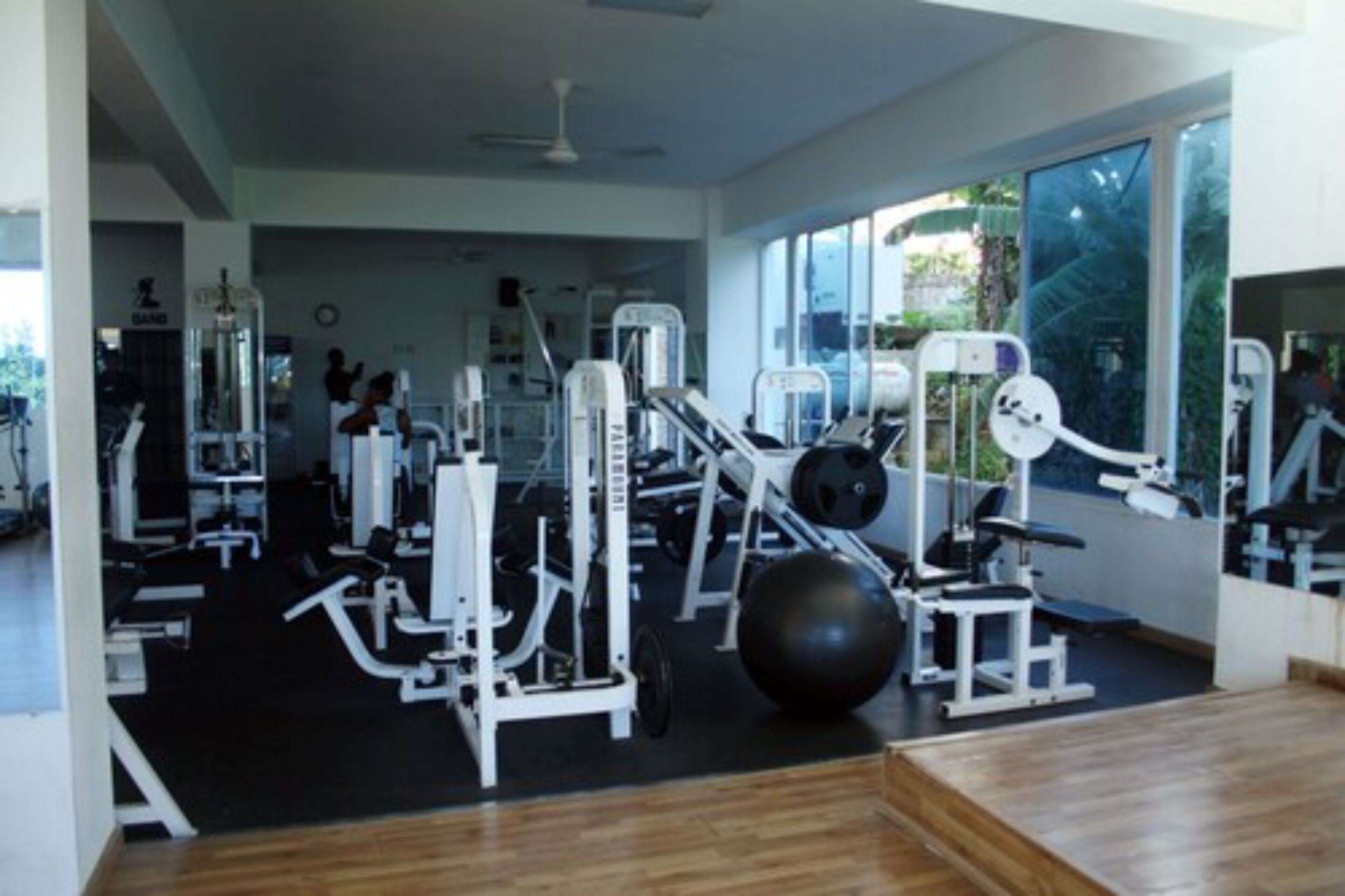 A gym with various exercise machines, a large mirror, and a view of the outdoors through large windows.