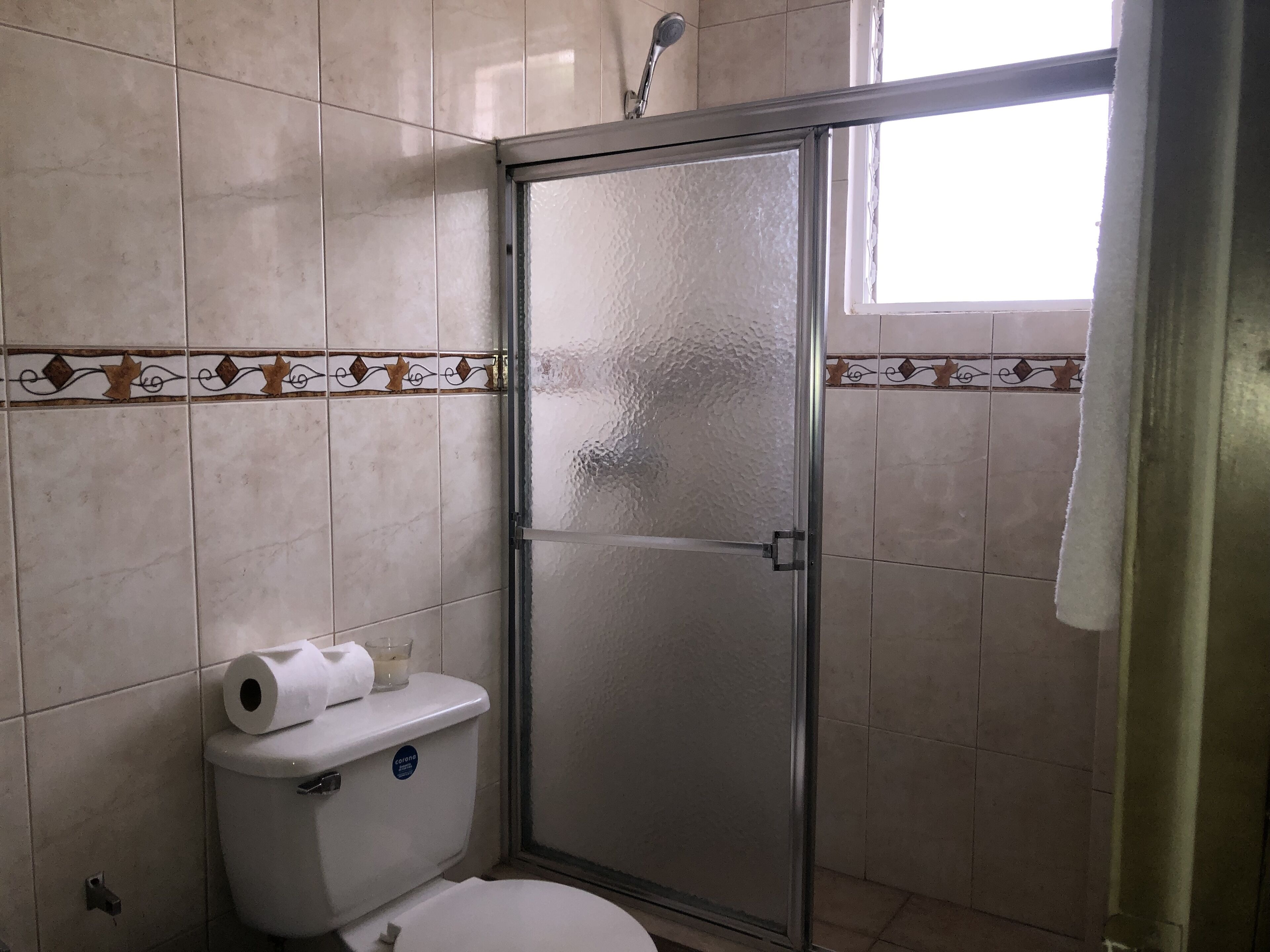 Une salle de bain comprenant des toilettes, une douche à parois de verre et une fenêtre.