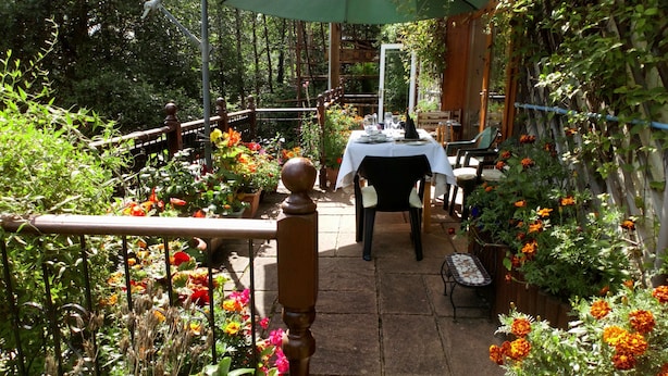 A garden patio with a table set for dining, surrounded by various plants and flowers. - Cilbrwyn Countryside Retreat (Swansea)