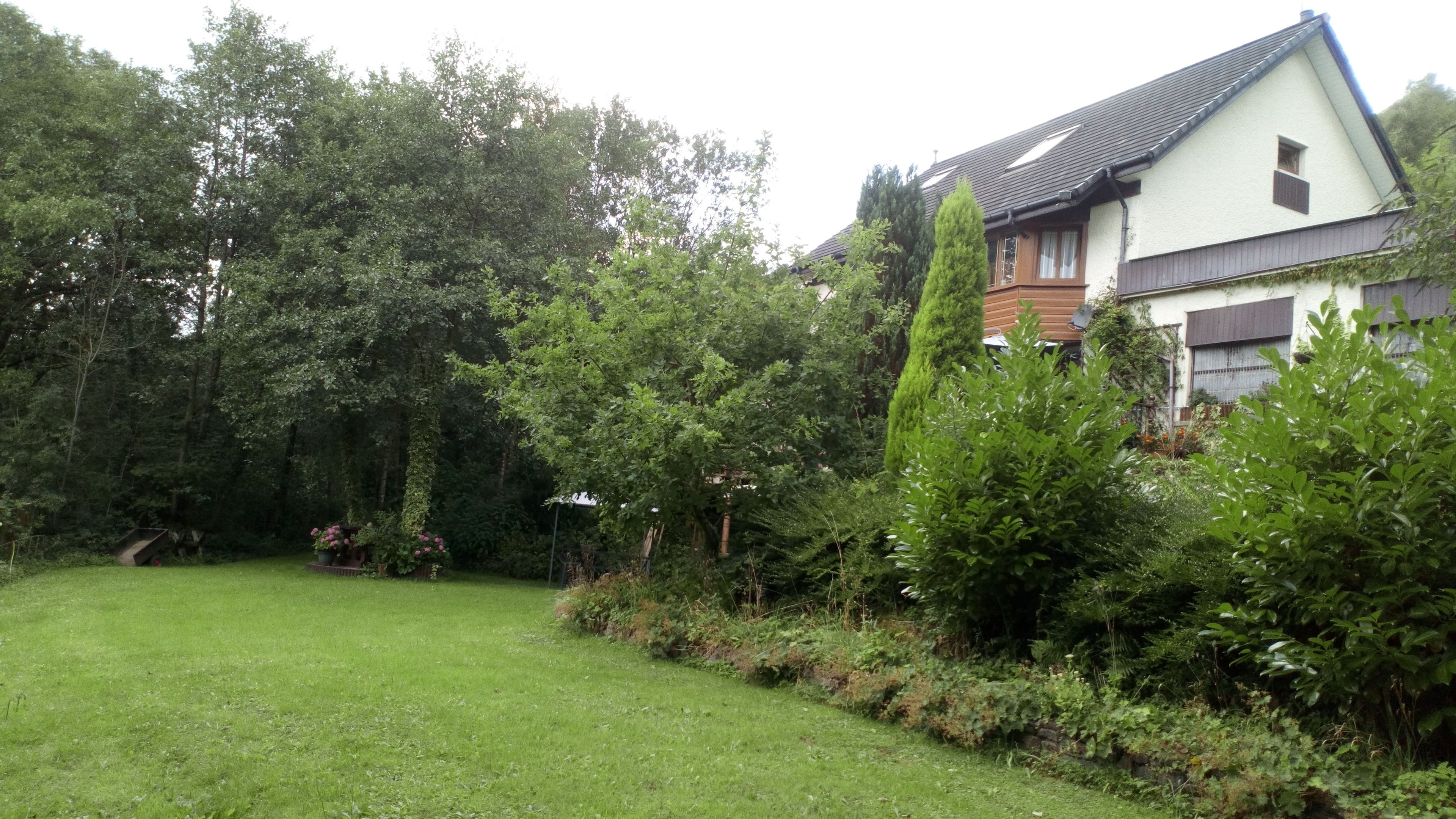 A house with a sloped roof, surrounded by a well-maintained garden with various shrubs and a lawn.