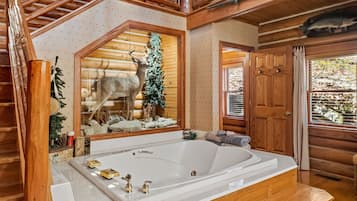 Luxury Cabin, 1 King Bed, Jetted Tub, Hill View (The Mountaineer) | Bathroom | Hair dryer, towels, soap, shampoo