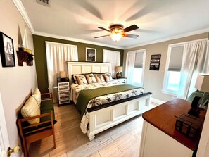 3 bedrooms, desk, blackout drapes, iron/ironing board