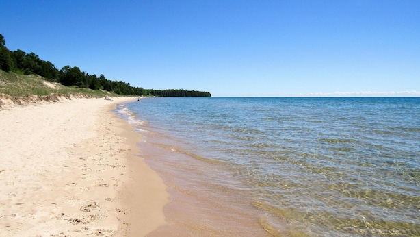 Une plage à l’eau claire, avec un rivage sablonneux et une zone boisée en arrière-plan.