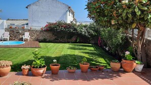 A well-maintained backyard with a swimming pool, a grassy lawn, and various potted plants.