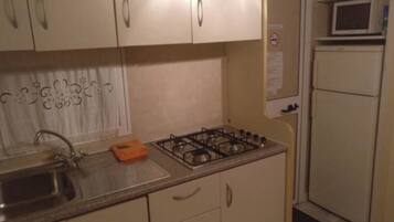 Jääkaappi, mikroaaltouuni, liesi, kahvin-/teenkeitin