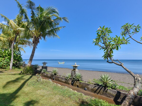 A beach with palm trees, a stone wall, and a small boat in the water. - Modern, Luxury and Spacious Beach front Villa with Private Pool & Staff (Dencarik / Lovina)