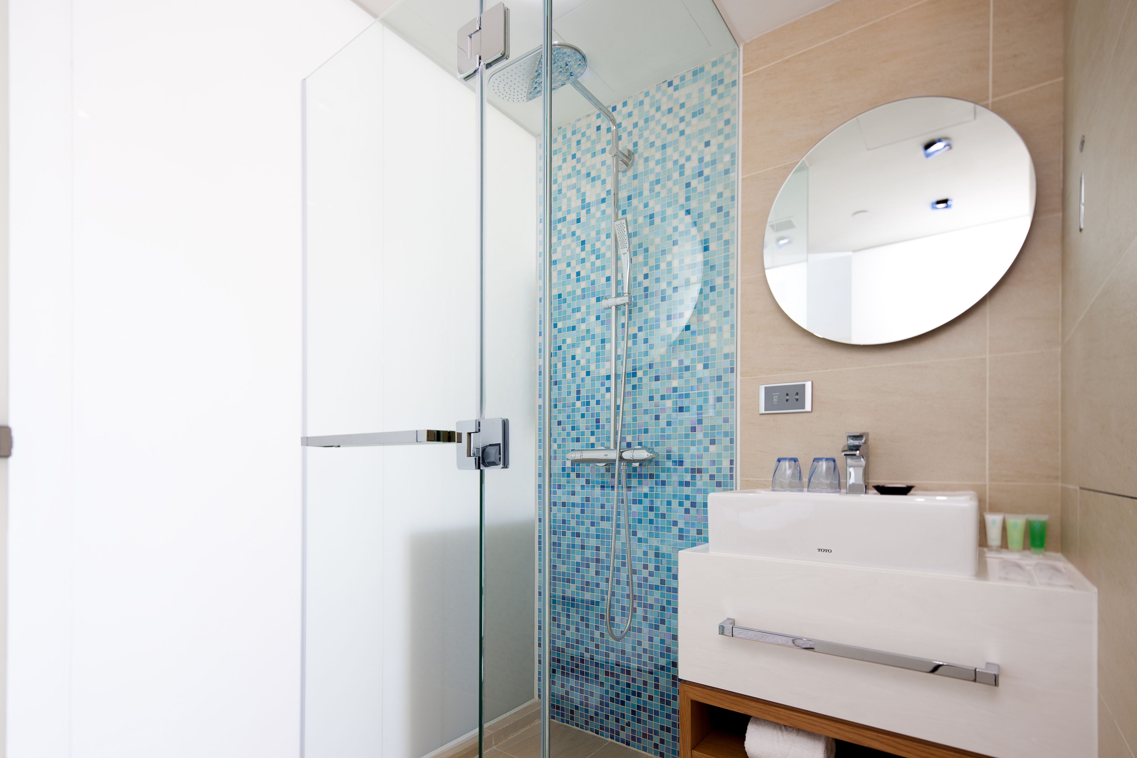 shower, rainfall showerhead, hair dryer, slippers