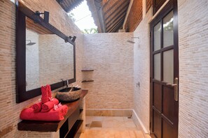 Combined shower/bathtub, hair dryer, towels