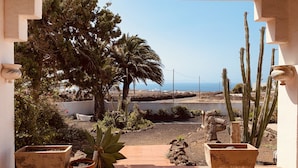 Un patio con plantas en macetas, vista al mar y cielo despejado.