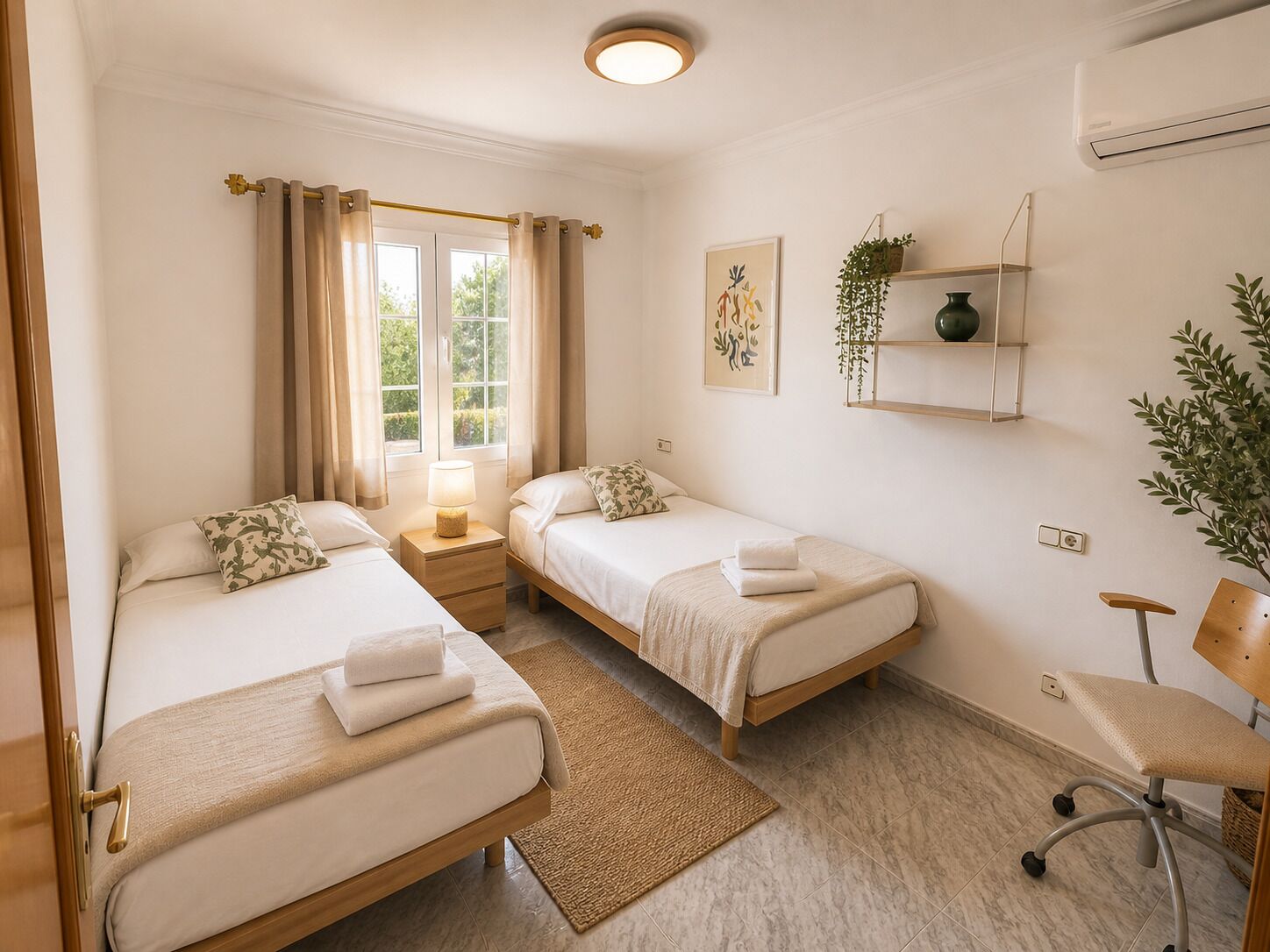Ein Hotelzimmer mit zwei Betten, einem Schreibtisch, einem Stuhl, einem Fenster mit Vorhängen, einem an der Wand befestigten Regal mit Pflanzen und einer Klimaanlage.