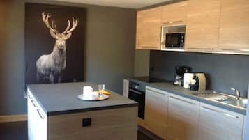 Frigorífico, microondas, horno y placa de cocina