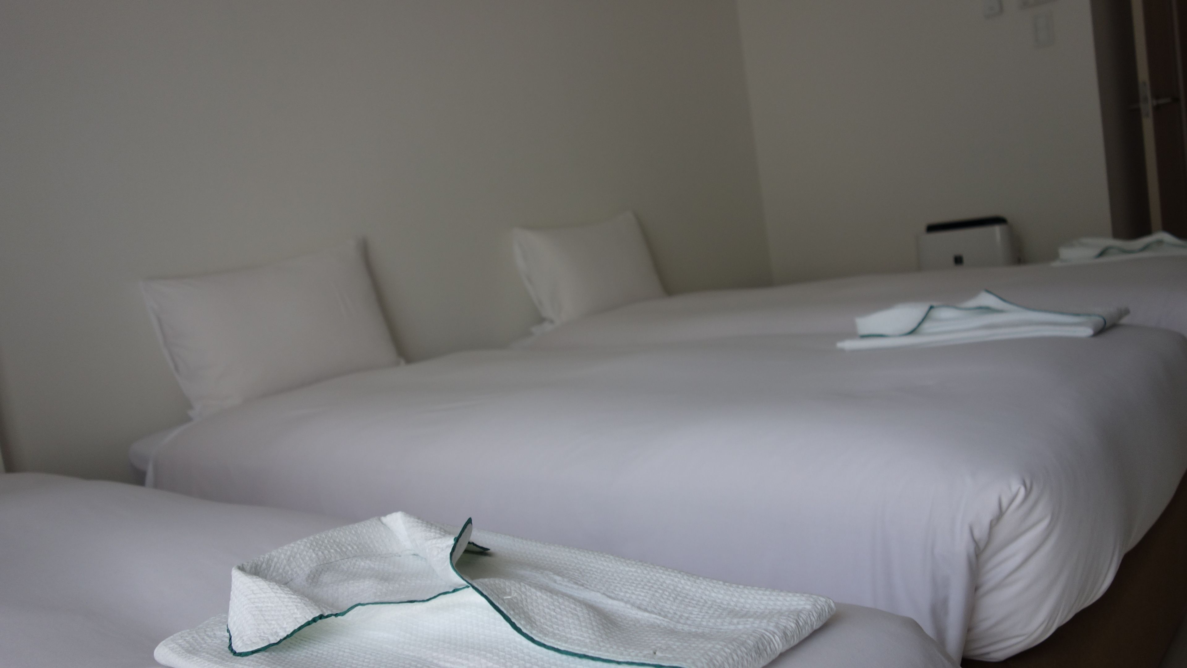 A hotel room with two beds, each with white linens and pillows.