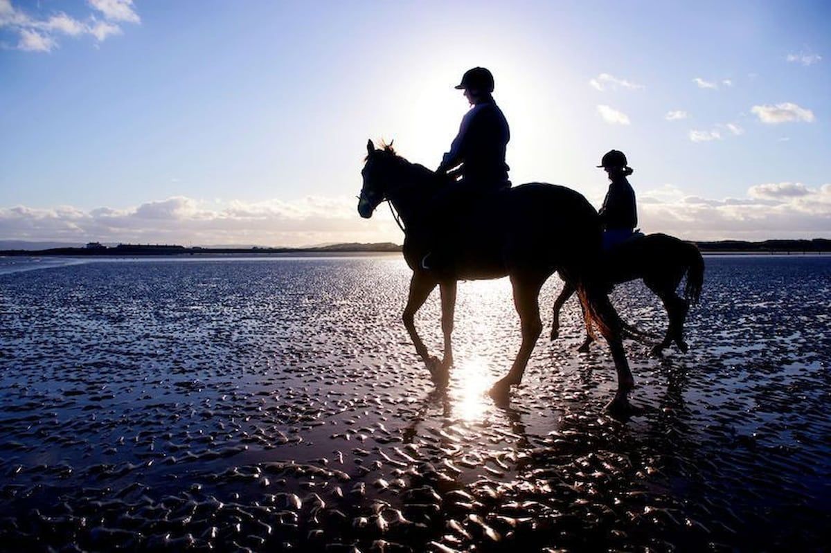 Two people on horseback walking on a beach with the sun setting in the background.