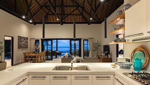 A modern kitchen with a large island, built-in cabinets, and a view to the outside.