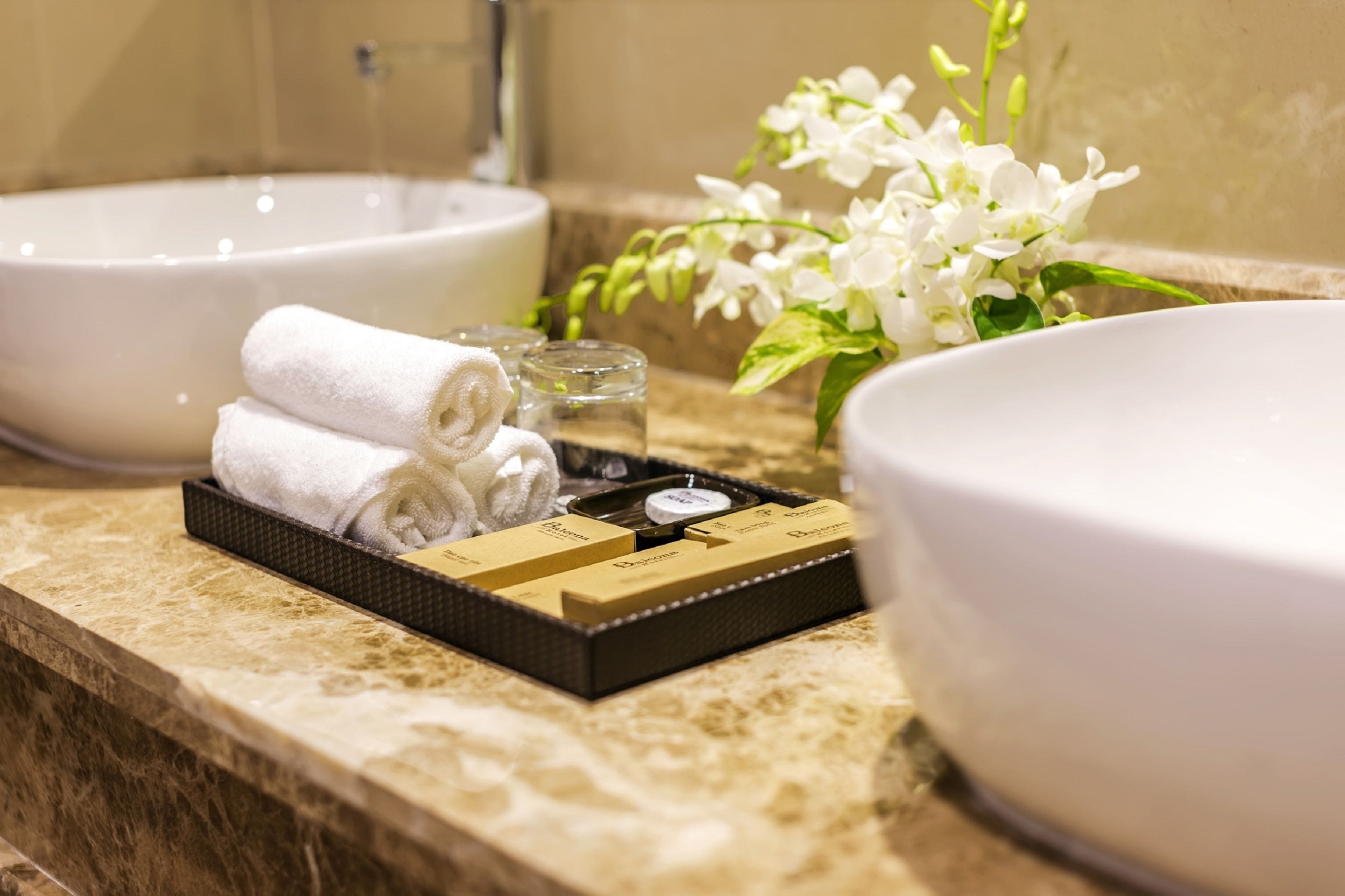 free toiletries, hair dryer, slippers, towels