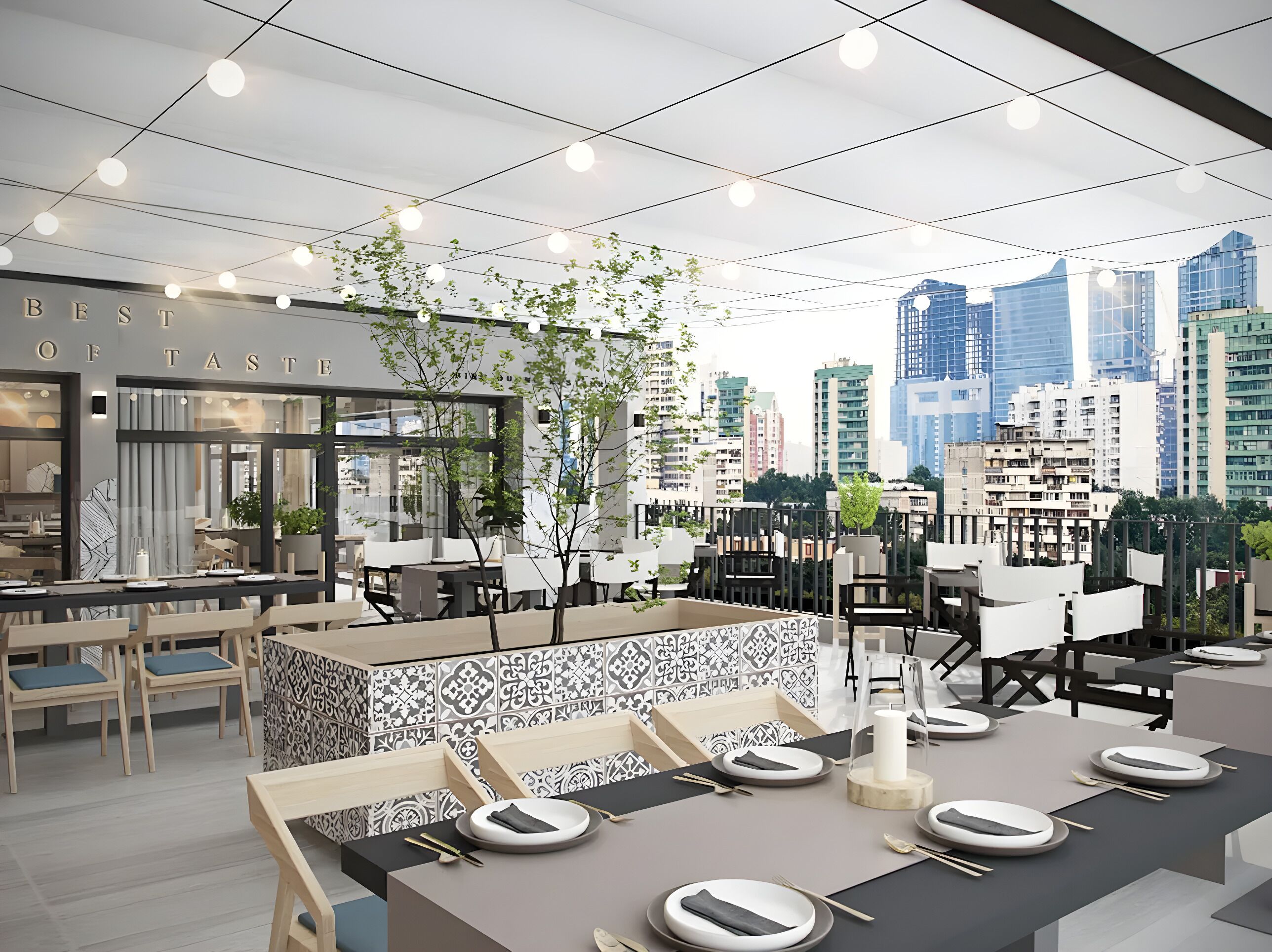 A modern restaurant with a city view, featuring a mix of indoor and outdoor seating, a patterned tile wall, and hanging plants.