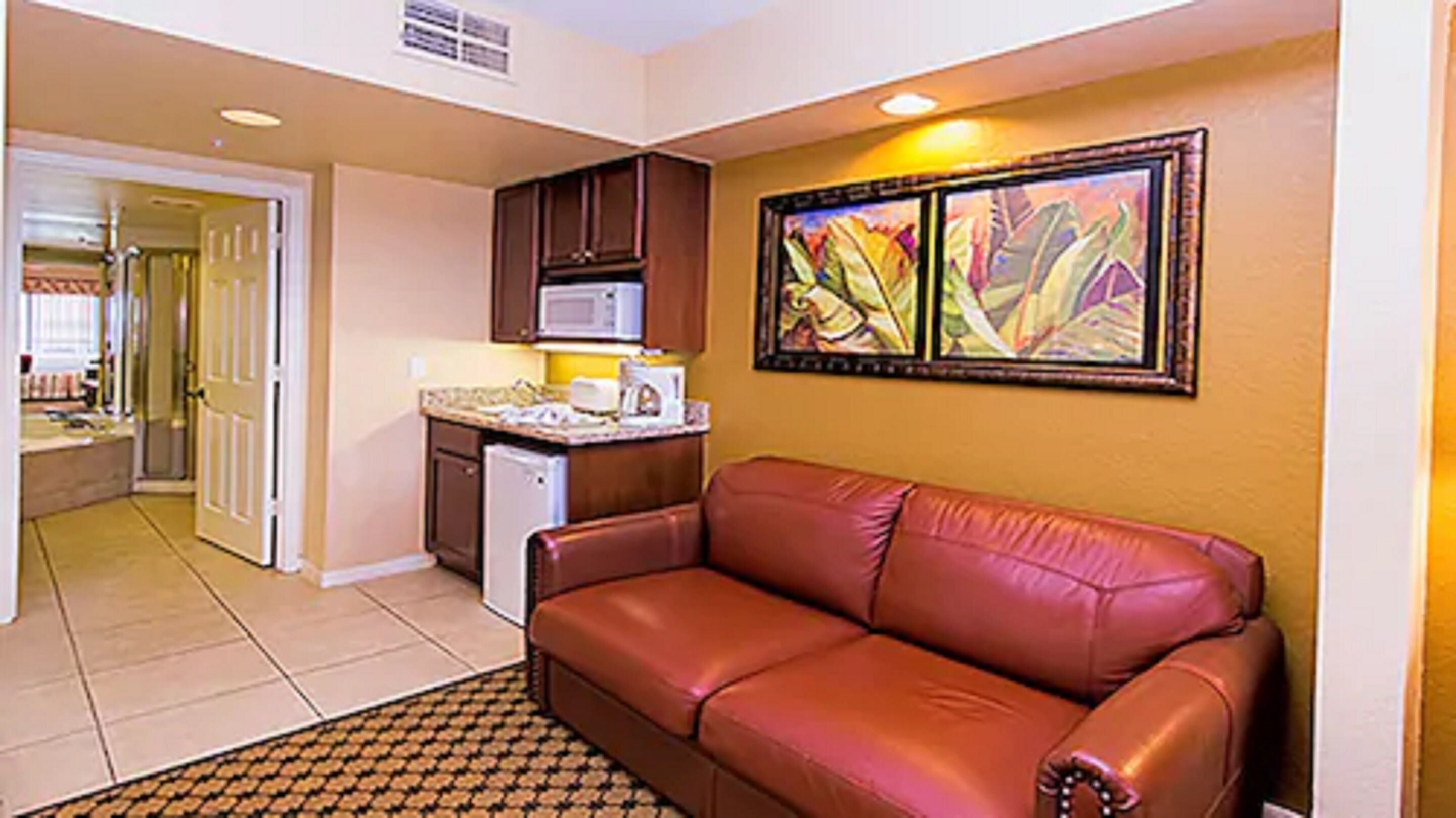 A compact living space with a kitchenette, a brown leather sofa, and a patterned rug.