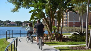 A pathway by a lake with a metal railing, surrounded by greenery and a building in the background. - Orlando Condo (Orlando)