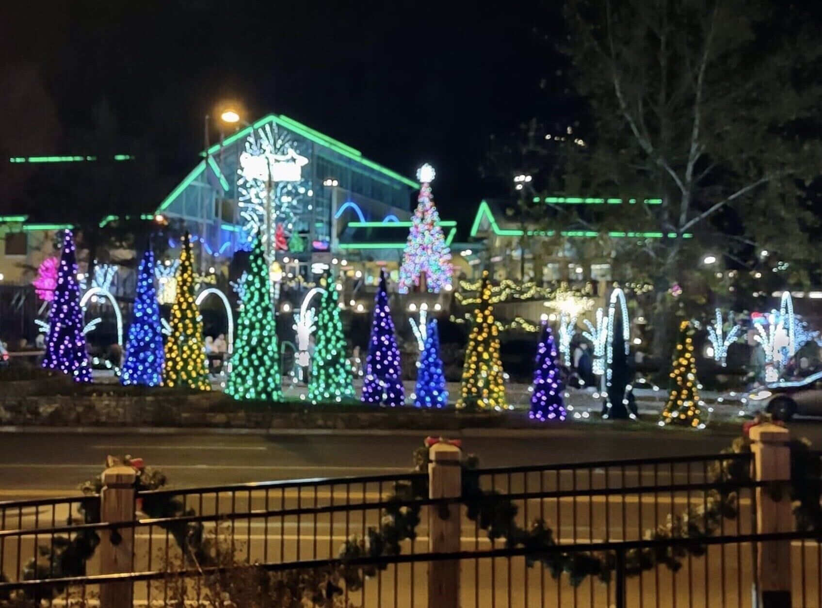 Un edificio con techo verde y un gran árbol de Navidad iluminado.