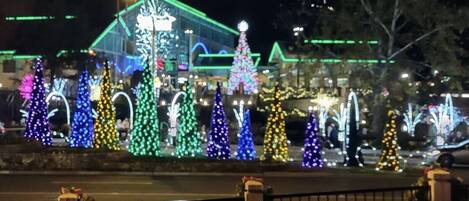 Un edificio con techo verde y un gran árbol de Navidad iluminado.