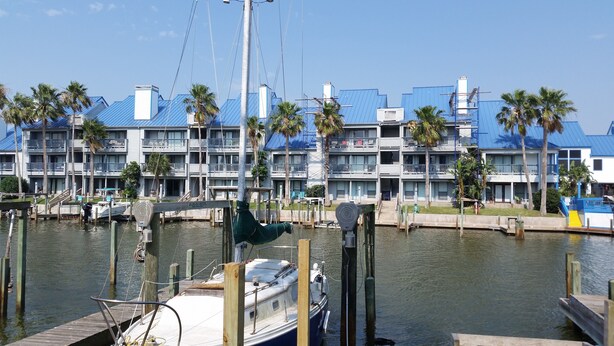 Un port de plaisance avec des bateaux amarrés, un bâtiment aux toits et balcons bleus, et des palmiers.