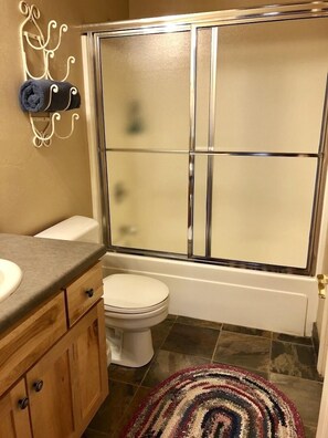 Combined shower/bathtub, hair dryer, towels, soap