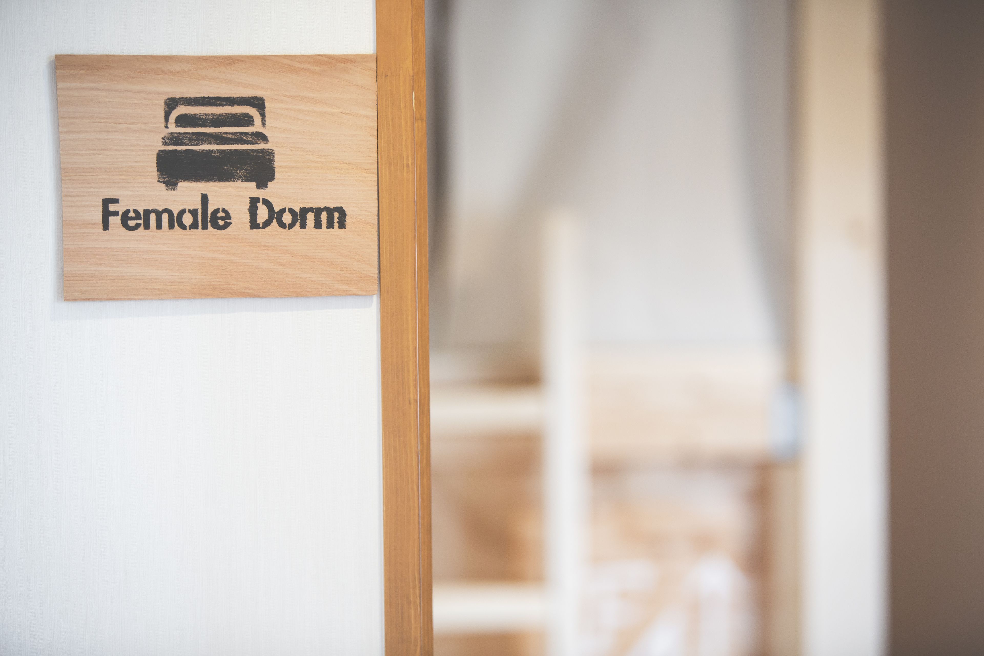 Un letrero de madera con un icono de cama y el texto 'Female Dorm'.