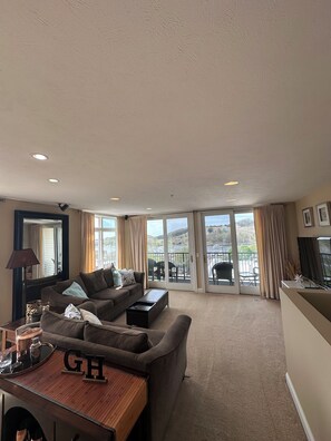 TV, DVD player, video library, stereo