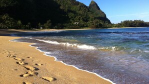 A beach with clear waters, a sandy shore, and a mountainous backdrop.