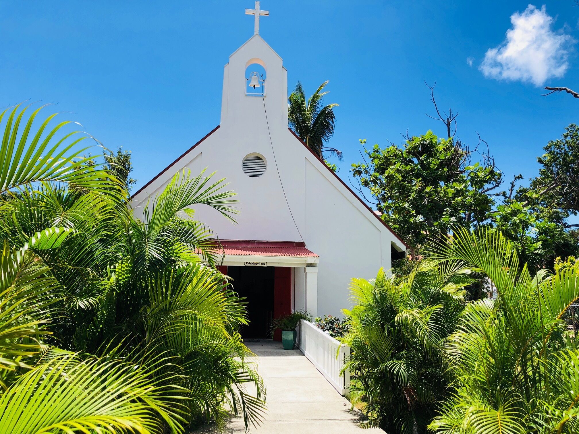 A white church with a cross on top, surrounded by lush green palm trees.