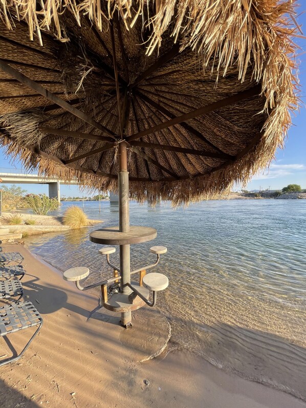 On the beach, sun loungers