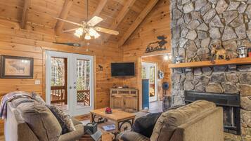 Smart TV, fireplace, DVD player, video library