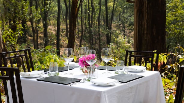 A table set for dining with a white tablecloth, surrounded by chairs, in a forested area. - Saraca Resort & Spa Corbett (Salt)